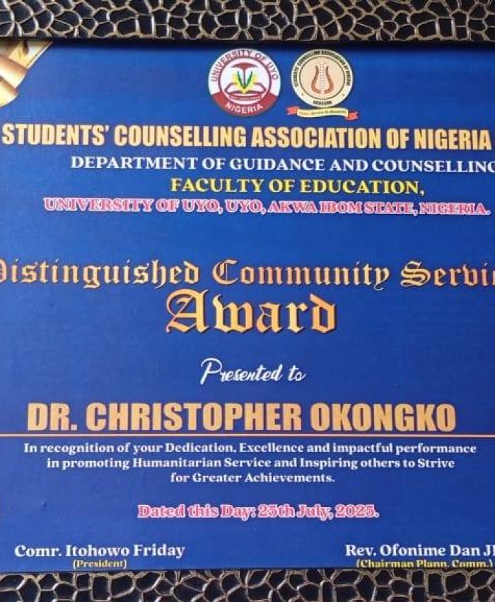 UNIUYO AWARDS DR. CHRIS OKONGKO ON HUMANITARIAN SERVICES TO VULNERABLE STUDENTS AND COMMUNITIES
